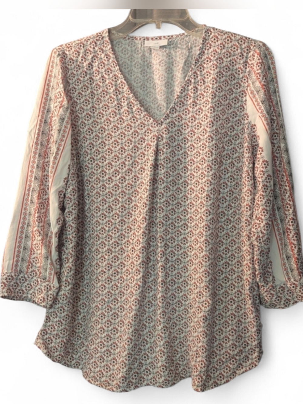J. Jill Coral All Over Floral V-Neck Blouse with Stripe Sleeve Detail Size Med